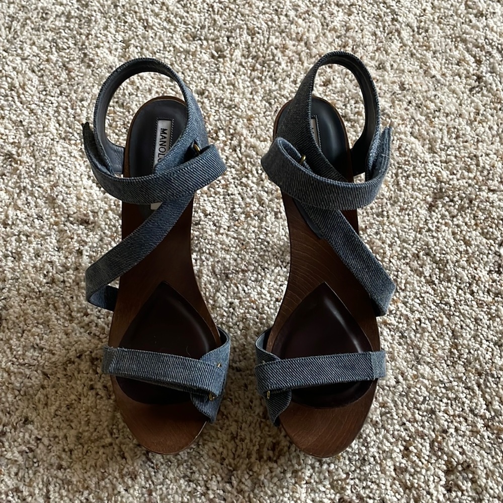 Manolo Blahnik strappy denim heels.